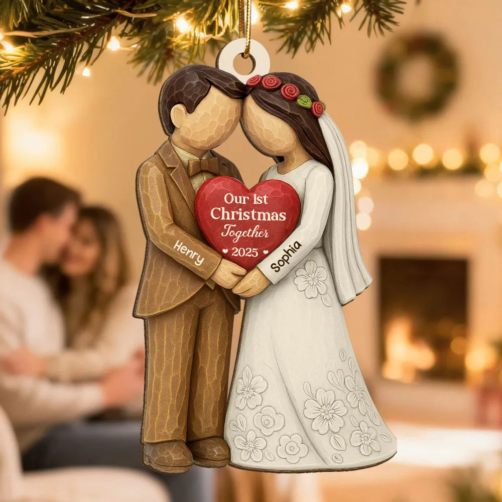 Wooden Ornament Personalized for Newlyweds, Handholding Bride and Groom Christmas Decor, Unique Gift for Couple