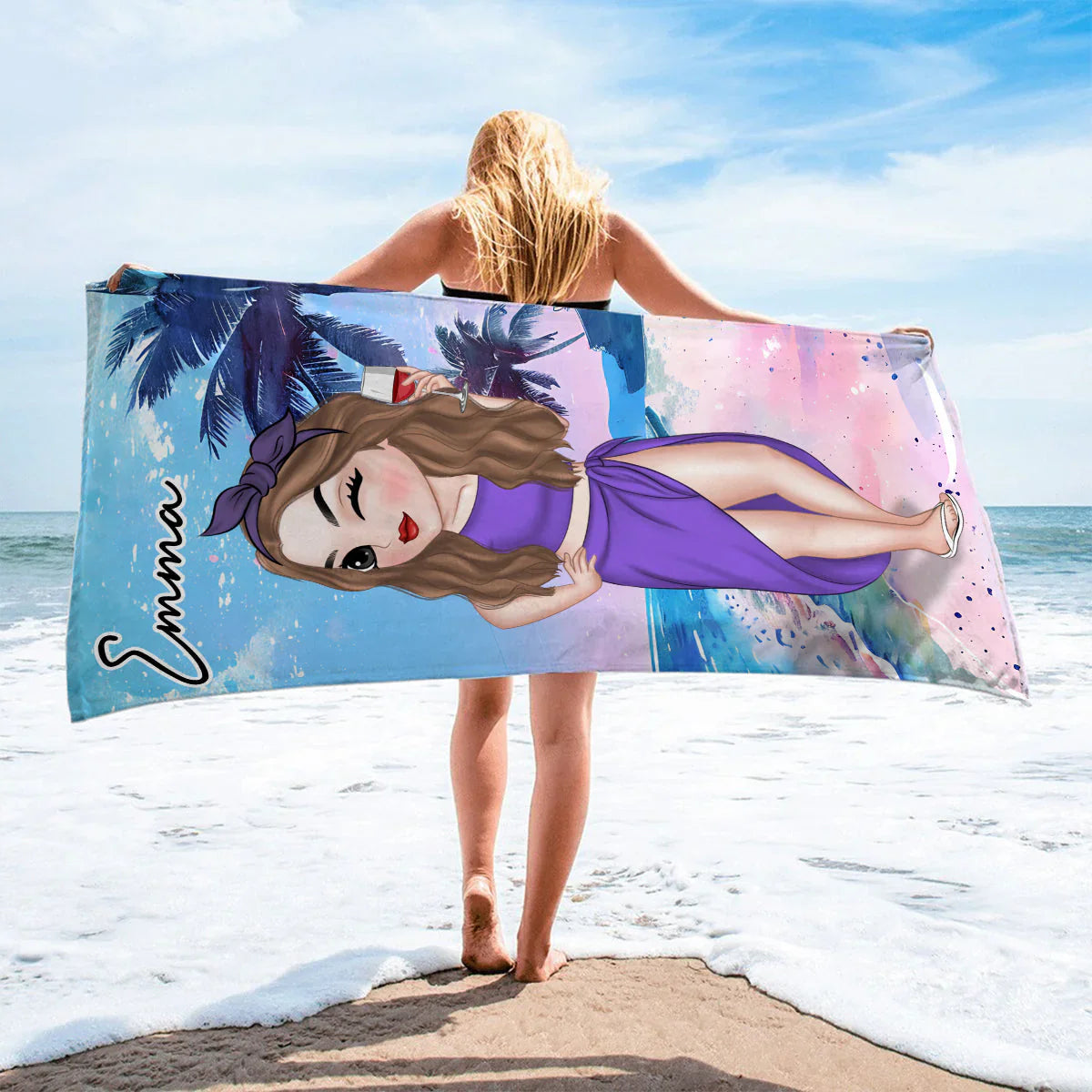 Personalized Beach Towel with Stylish Summer Lady Cartoon, Colorful Poolside Beach Trip Decor, Unique Gift for Her