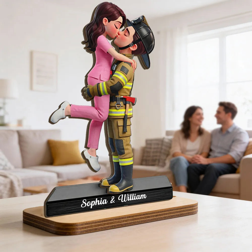 2-Layer Wooden Plaque Personalized Hero Couple Kiss - A Heartwarming Custom Gift for Couples, Police Firefighter Nurse Love