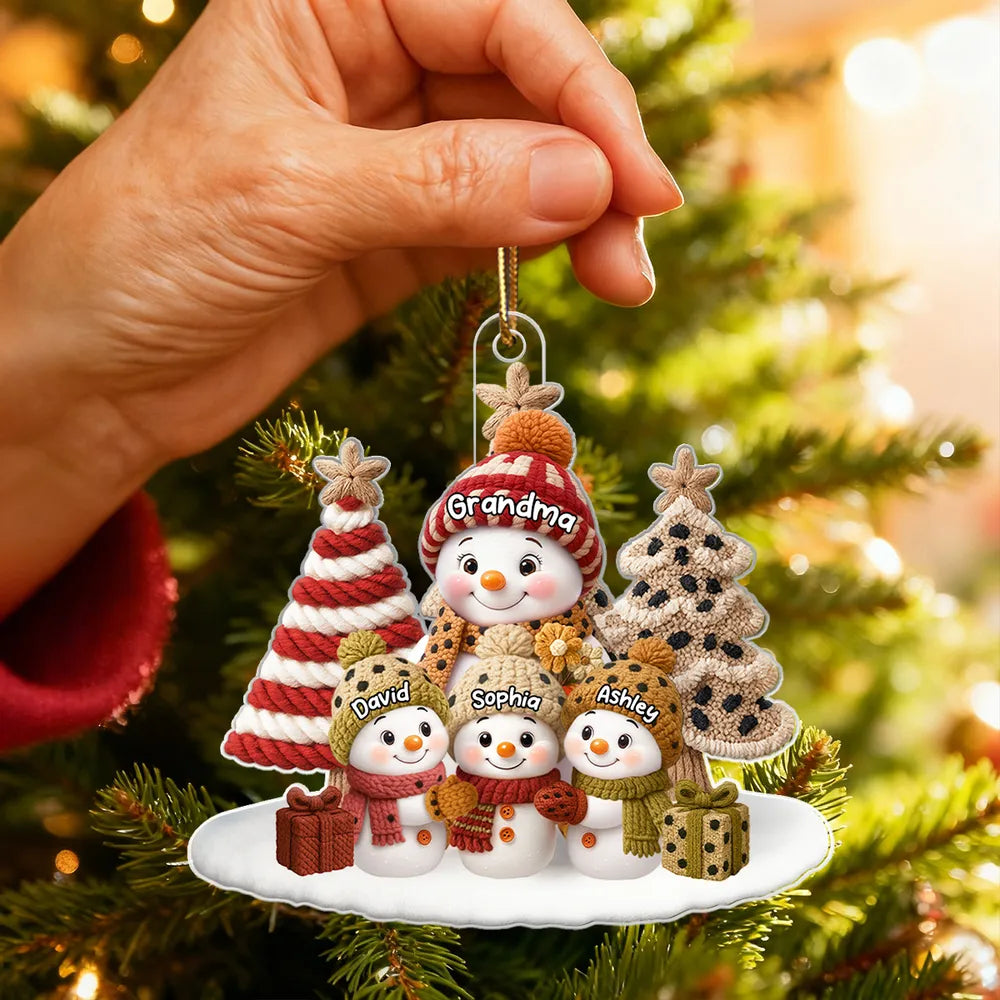Acrylic Ornament Snowman Grandma & Grandkids, Embroidered-Effect Christmas Tree Decor, Unique Gift for Grandma