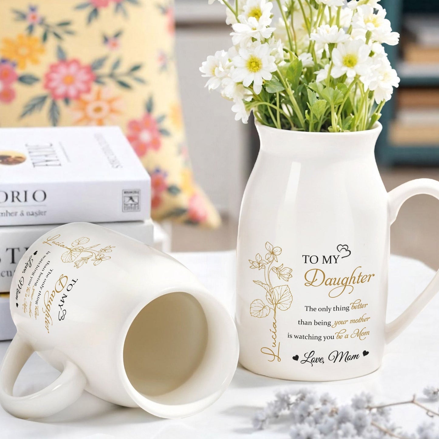 Personalized Handled Vase & Ceramic Mug - Heartfelt Gift for Daughter from Mom β Elegant Keepsake for Mother's Day & Special Occasions