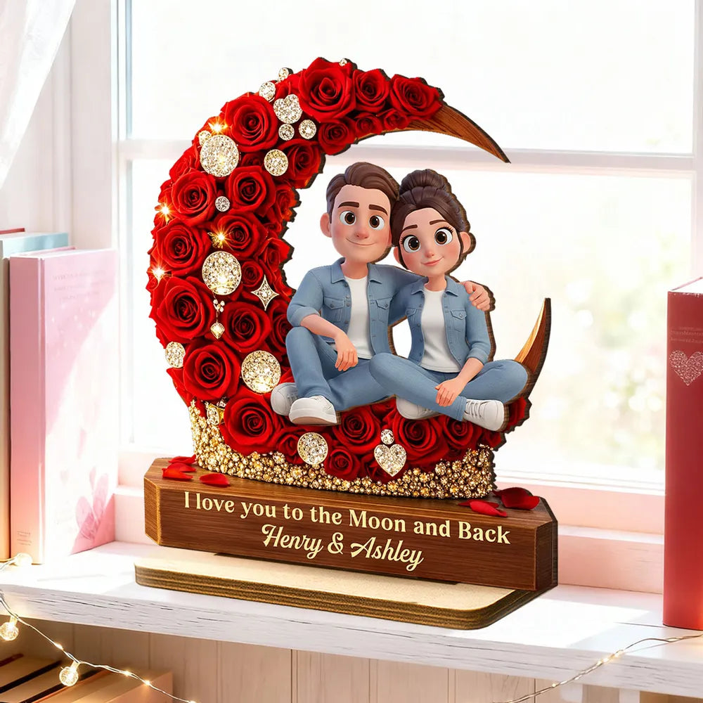 2-Layer Wooden Plaque Custom Couple on Red Rose Crescent Moon Sweet I Love You to the Moon and Back Keepsake Gift for Her or Him