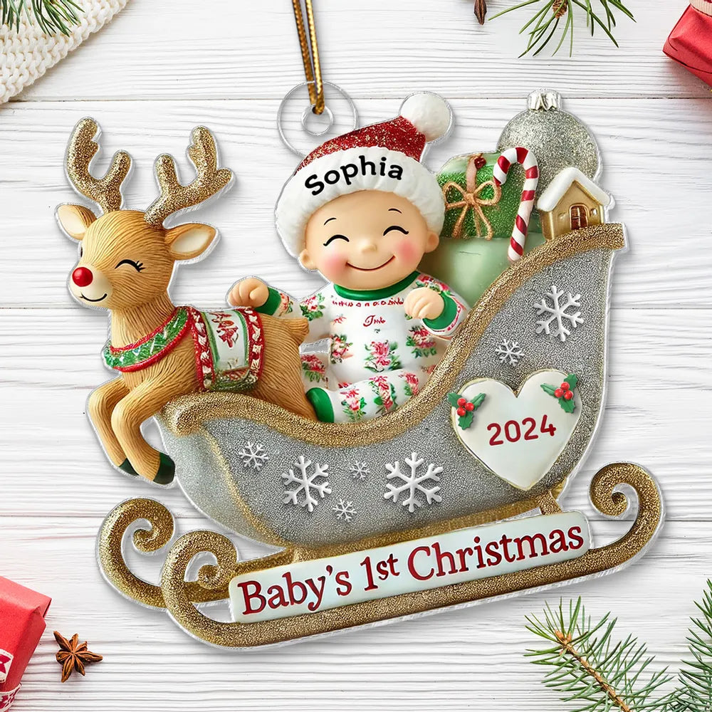 Baby’s 1st Christmas Acrylic Ornament – Adorable Reindeer Sleigh Design, Perfect Gift for Newborn Celebration