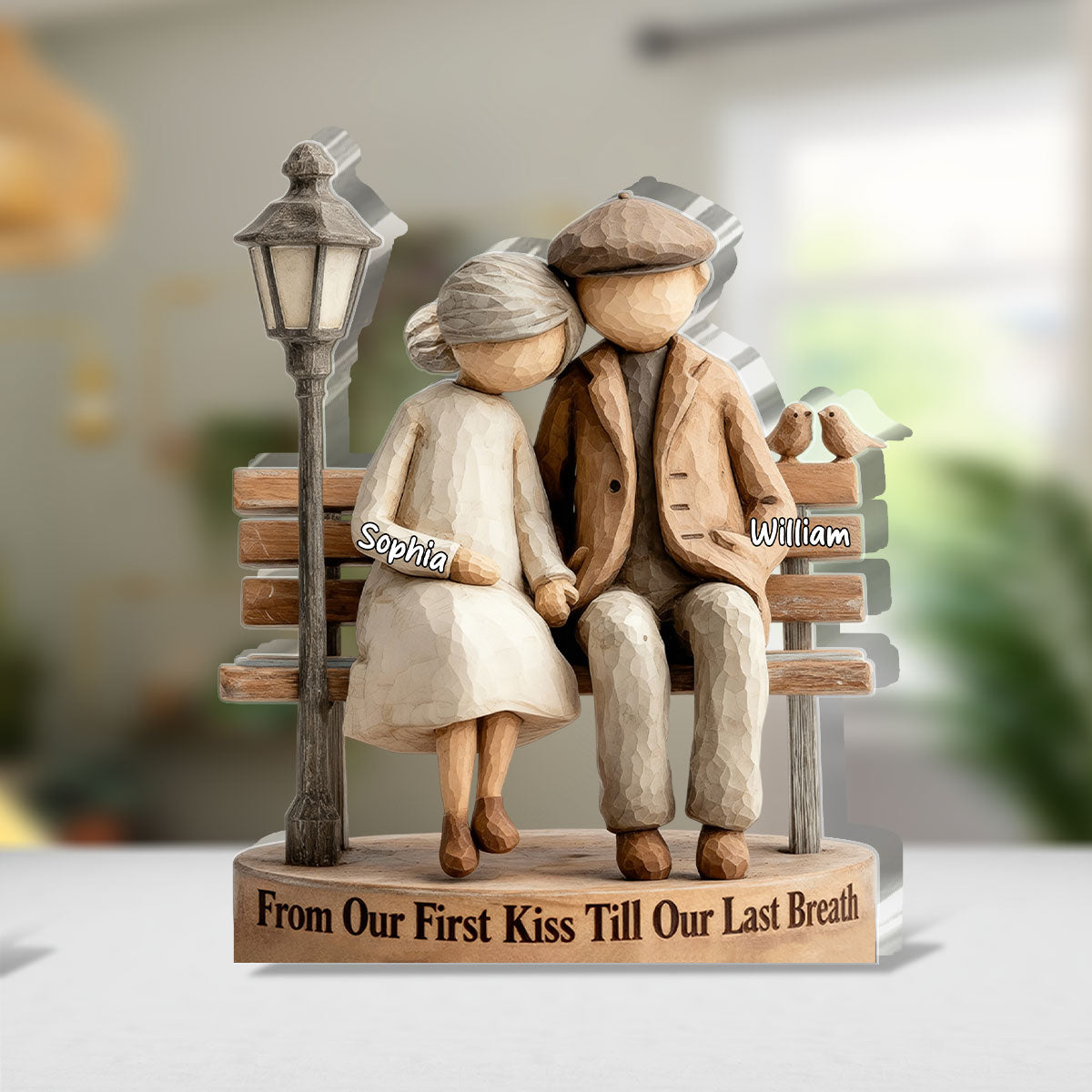 Personalized Shaped Acrylic Block Plaque Couple on Bench, From Our First Kiss Quote, Unique Romantic Gift for Wife or Husband