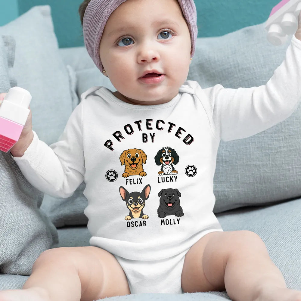 Personalized Protected By Dog Long Sleeve Baby Onesie Cute Cartoon Pup & Paw Prints Unique Baby Gift