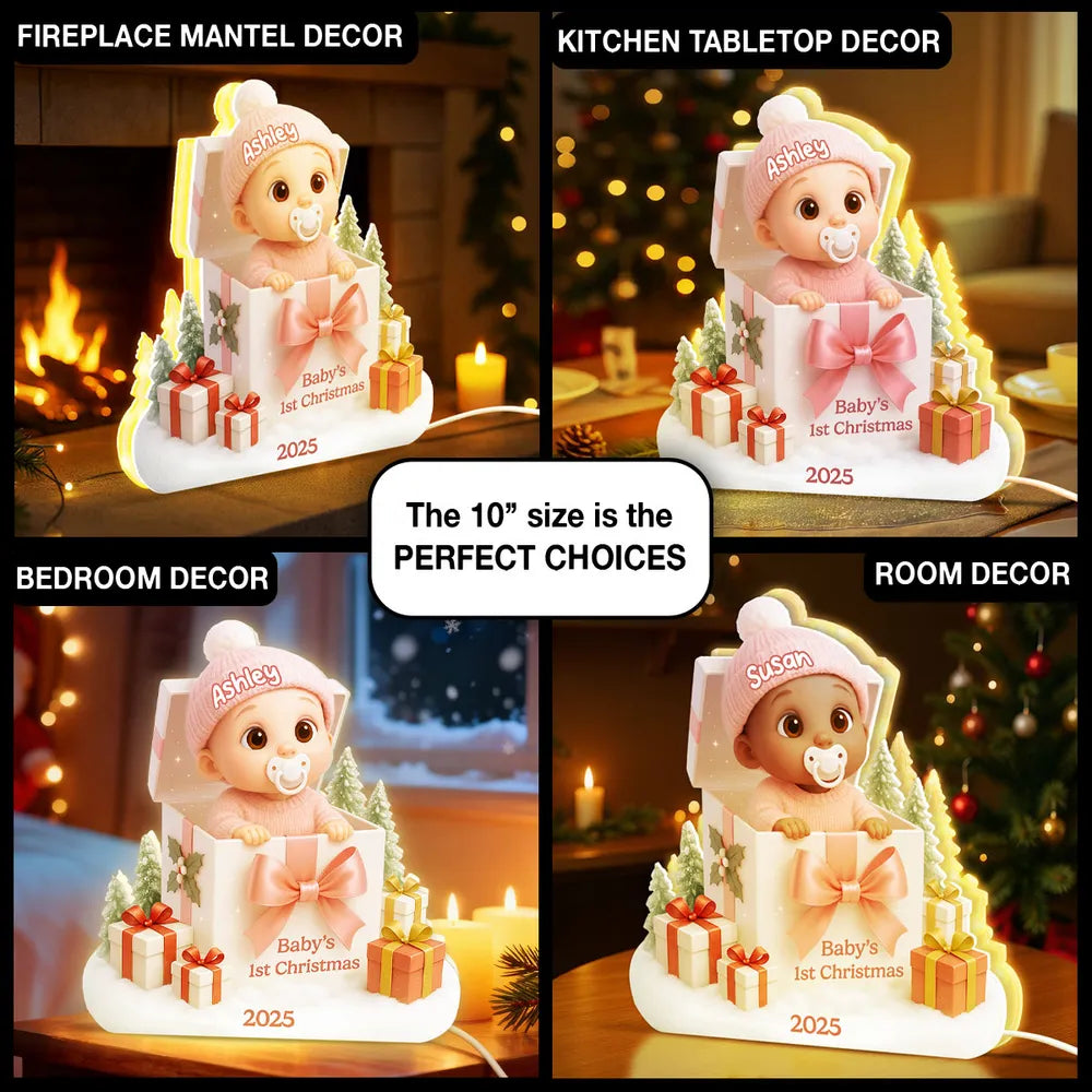 Personalized Acrylic Light Box for Baby's First Christmas β Cute Gift Box Scene, Warm Glow Nursery Lamp, Unique Keepsake Gift for New Parents