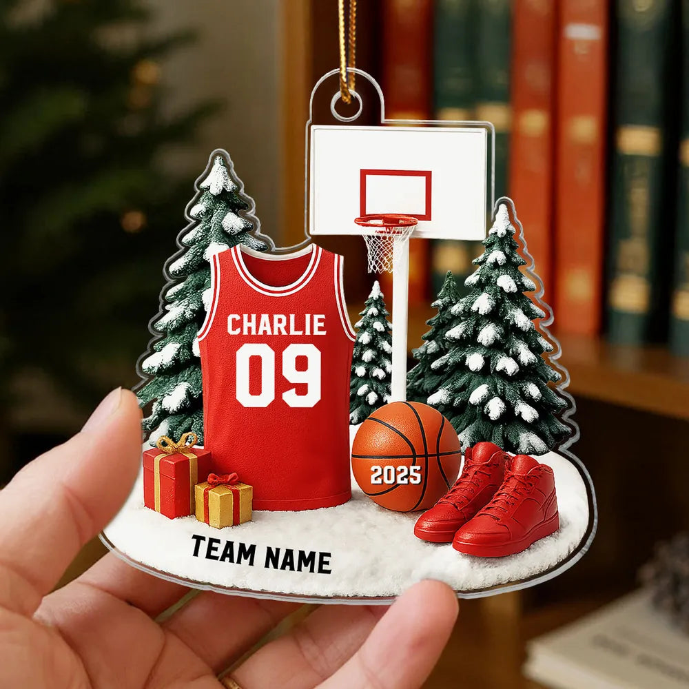 Basketball Acrylic Ornament for Christmas Tree, customizable details, snowy court scene, perfect gift for players, fans, and coaches
