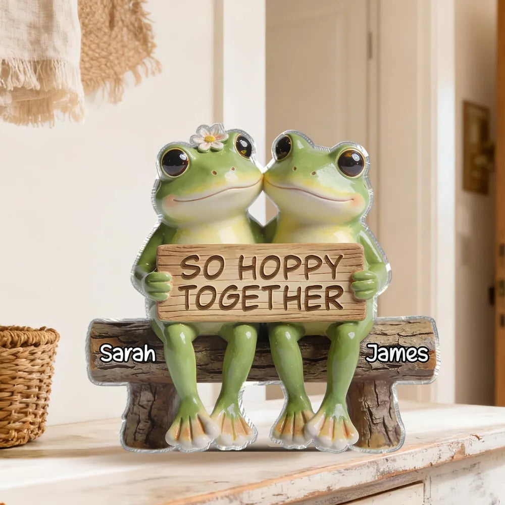 Shaped Acrylic Block Plaque Personalized Love Keepsake, Sweet Frog Couple Bench Scene with 'So Hoppy Together', Thoughtful Gift