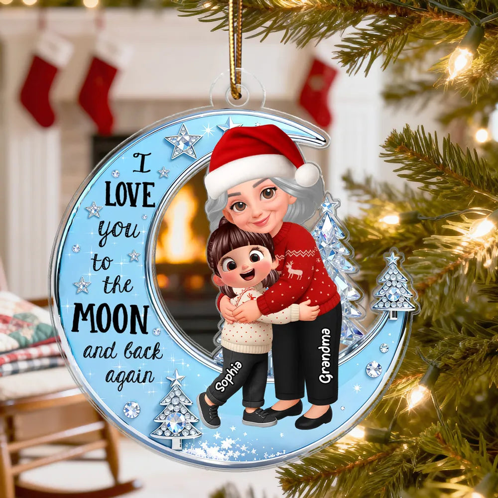 Acrylic Ornament - Grandma & Grandkid on Crescent Moon, Cute Christmas Scene, I love you to the moon and back, unique gift