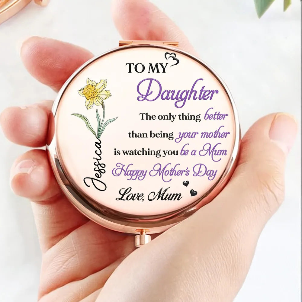 Personalized Metal Compact Mirror To My Daughter Mother's Day Quote, Purple Floral Keepsake, Unique Gift From Mom