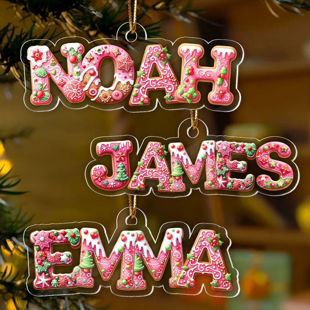 Custom Name Acrylic Ornament with Pink Gingerbread Letters β Festive Christmas Ornament & Creative Kids Gift