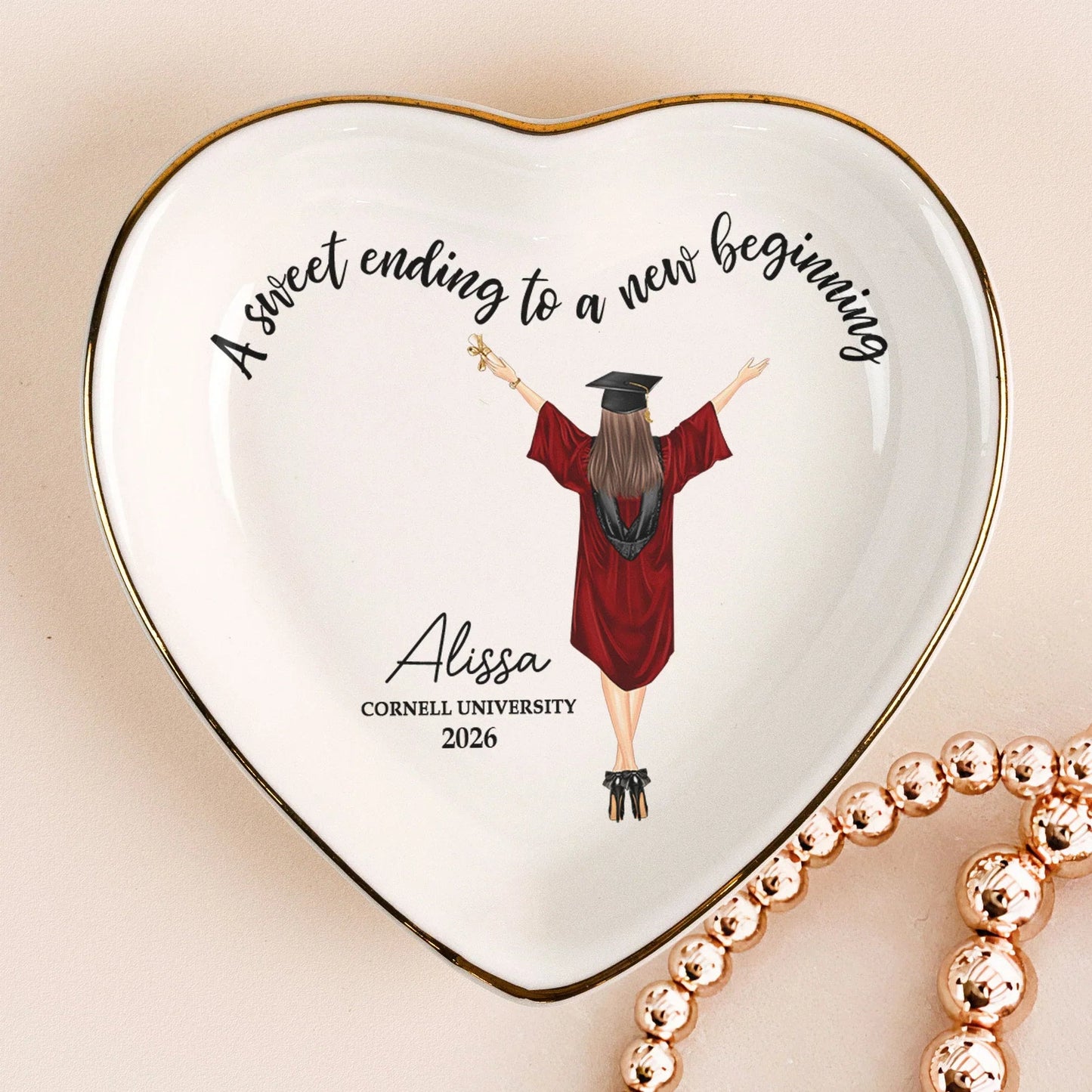 Personalized Graduation Heart Jewelry Dish With Sweet Ending To A New Beginning, Cap Toss Illustration, Unique Gift