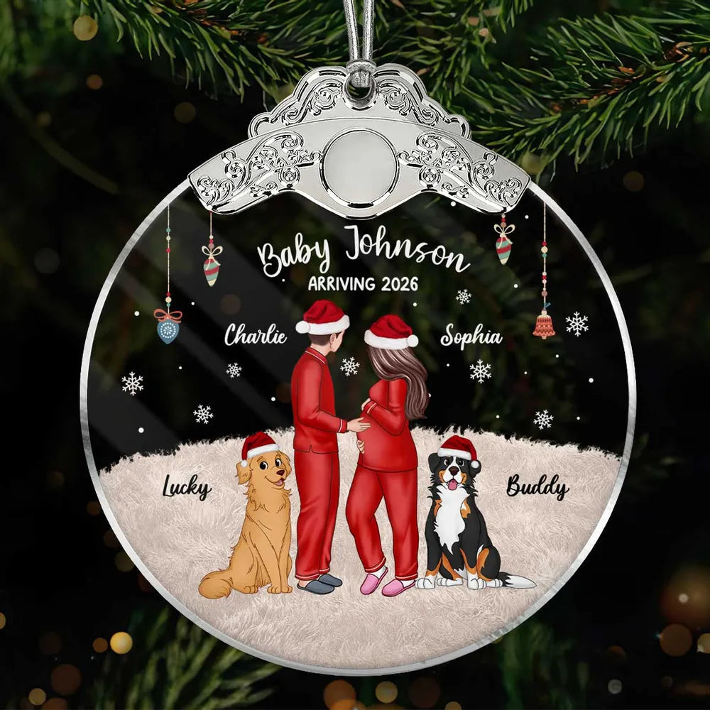 Personalized Silver Capped Glass Ornament for Expecting Parents with Pets, Cozy Christmas Keepsake, Unique Family Gift