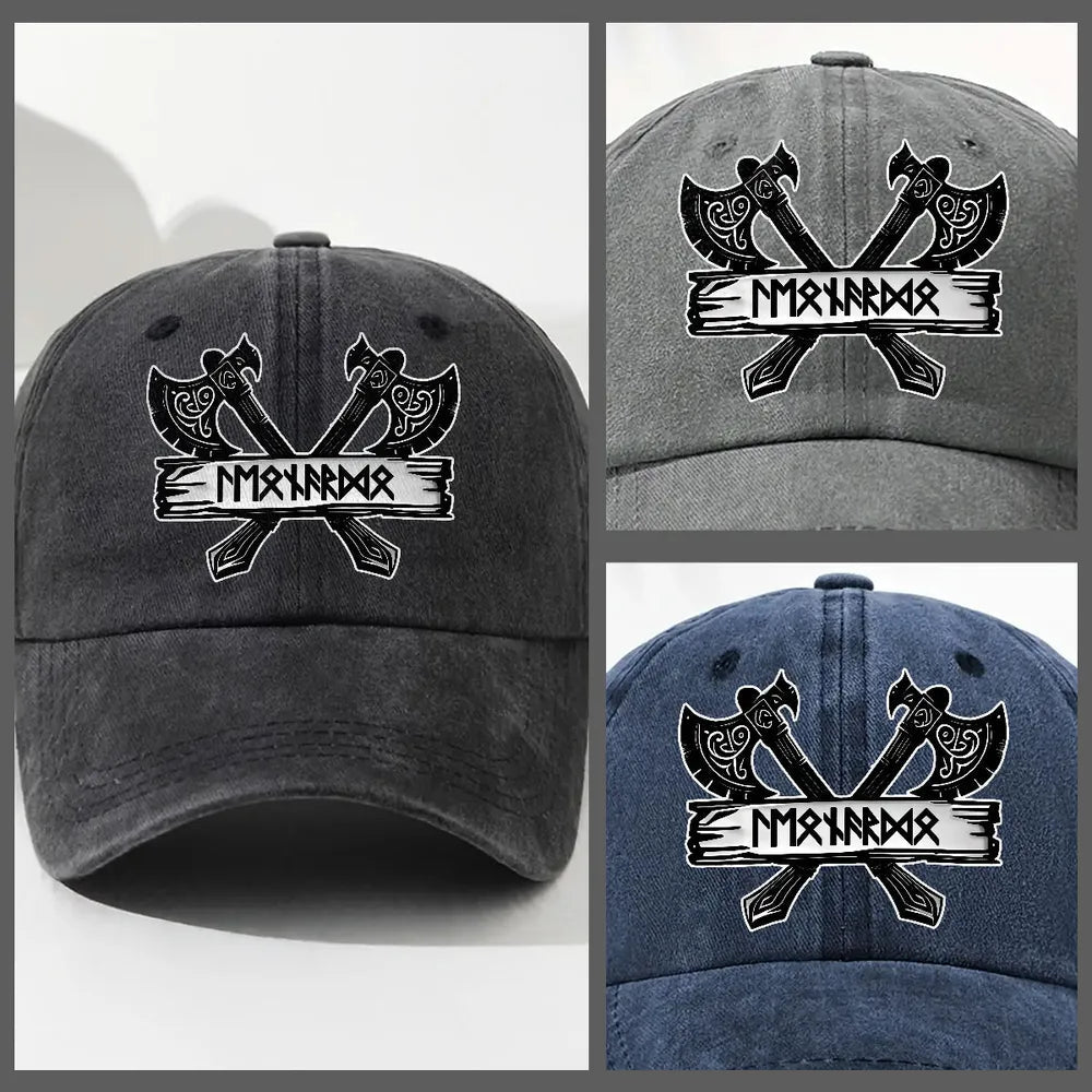 Washed Denim Baseball Cap with Crossed Viking Axes Rune Style, Personalized One of a Kind Everyday Sun Cap, Cool Gift