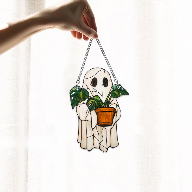 Cute Ghost Plant Suncatcher, Halloween Window Hanging Suncatcher Ornament Halloween Window Hanging Suncatcher Ornament 0924