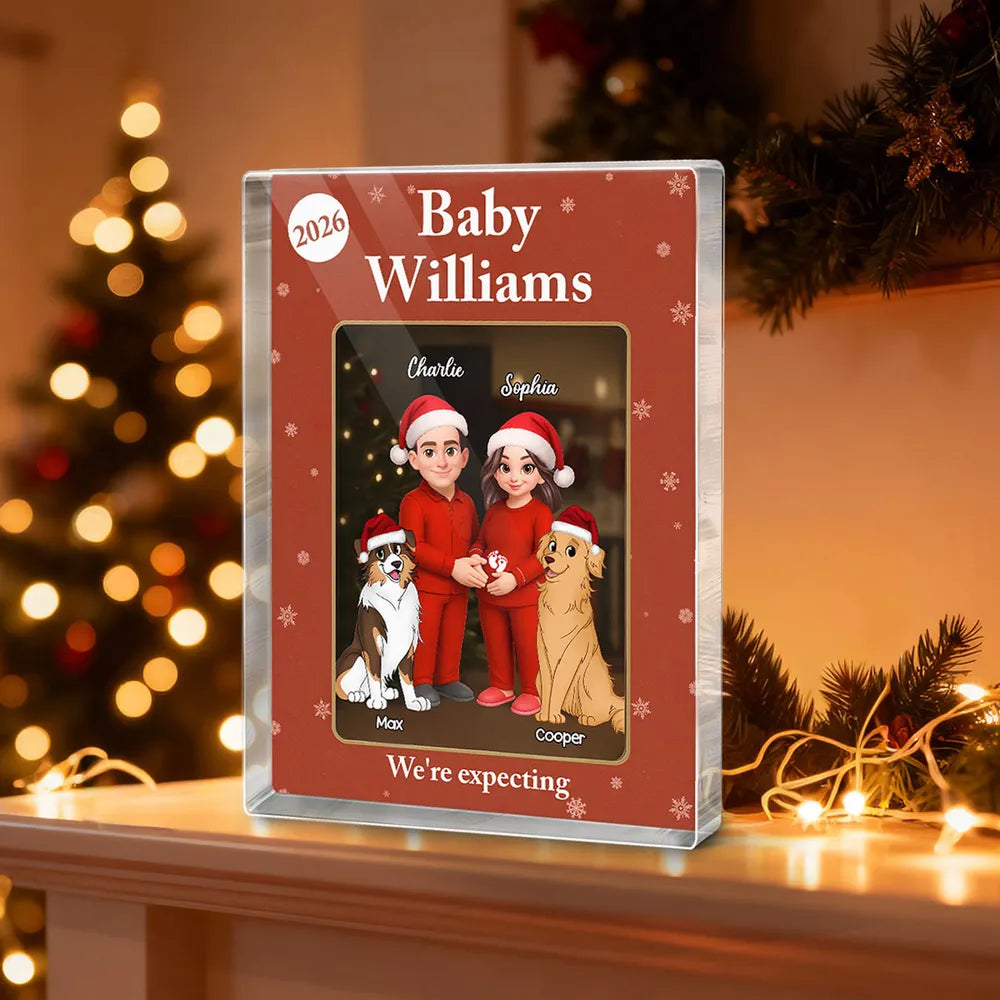 Acrylic Block Plaque Expecting Couple With Dogs, Christmas Santa Hats, Cute Cartoon, a Unique Gift for New Parents