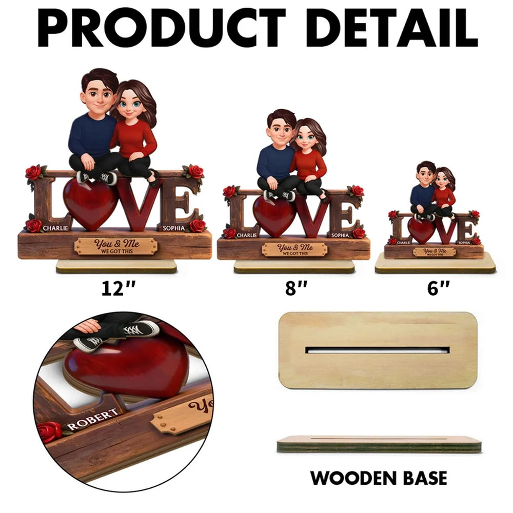 2-Layer Wooden Plaque with Cute Couple on LOVE Sign and Red Heart, Personalized Keepsake for Your Favorite Person