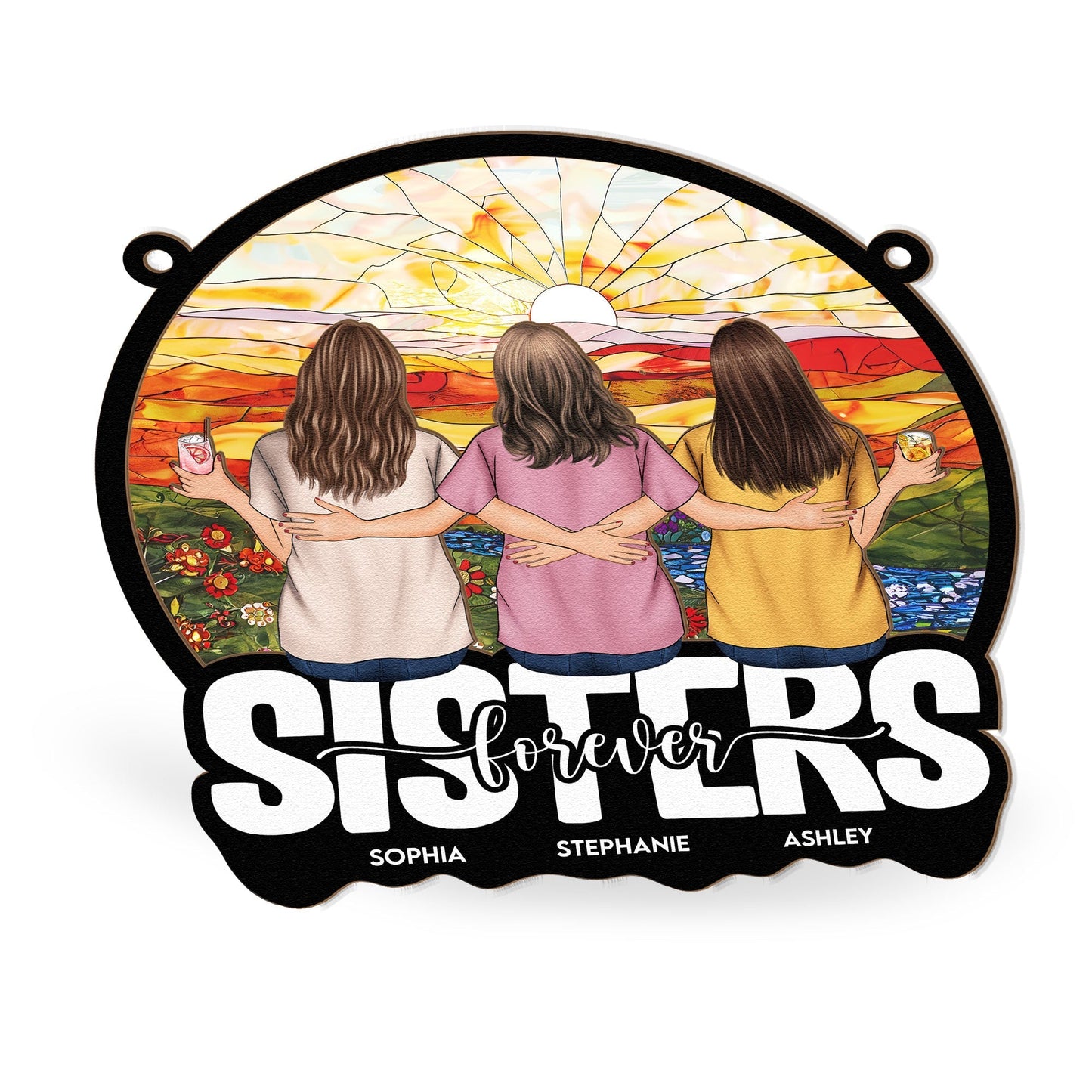 Sisters Forever – Personalized Wood and Acrylic Layered Ornament with Rainbow Design