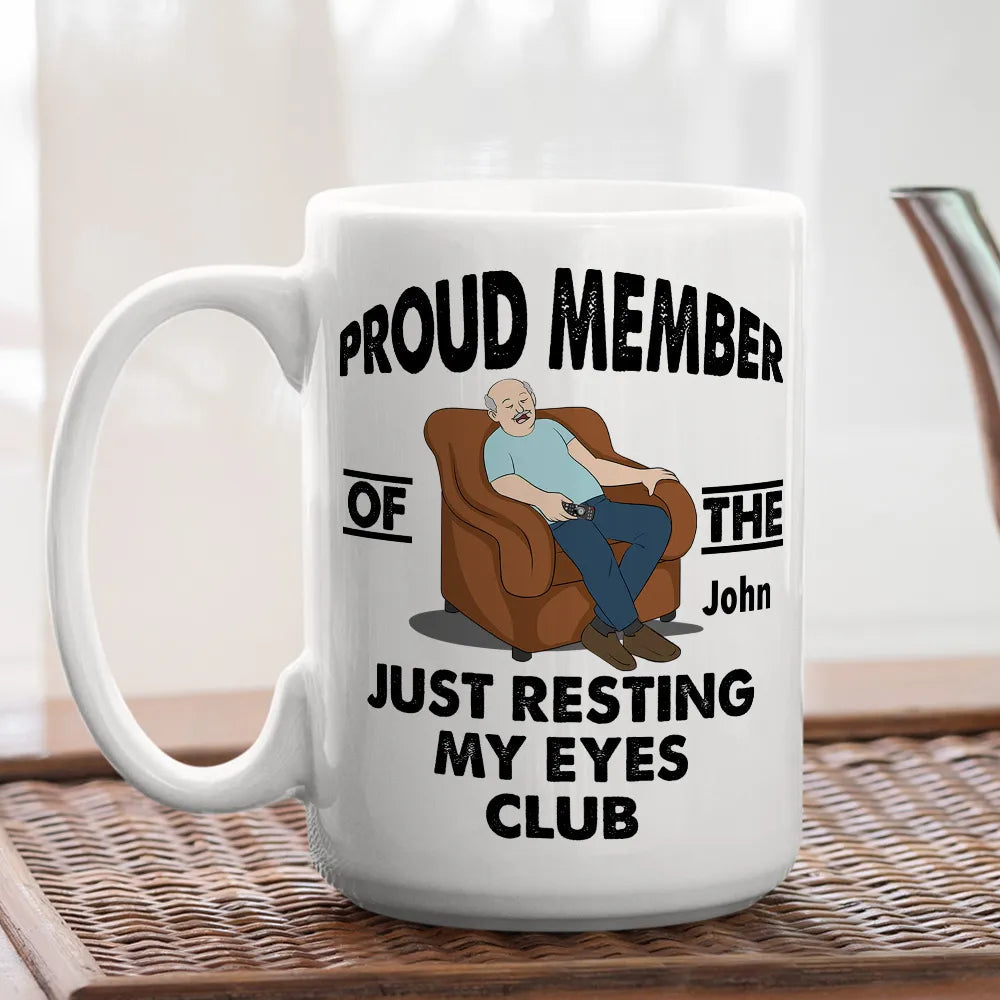 Ceramic Mug with Custom Name Funny Sleeping in Chair Cartoon Office Coffee Gift for Him - Just Resting My Eyes