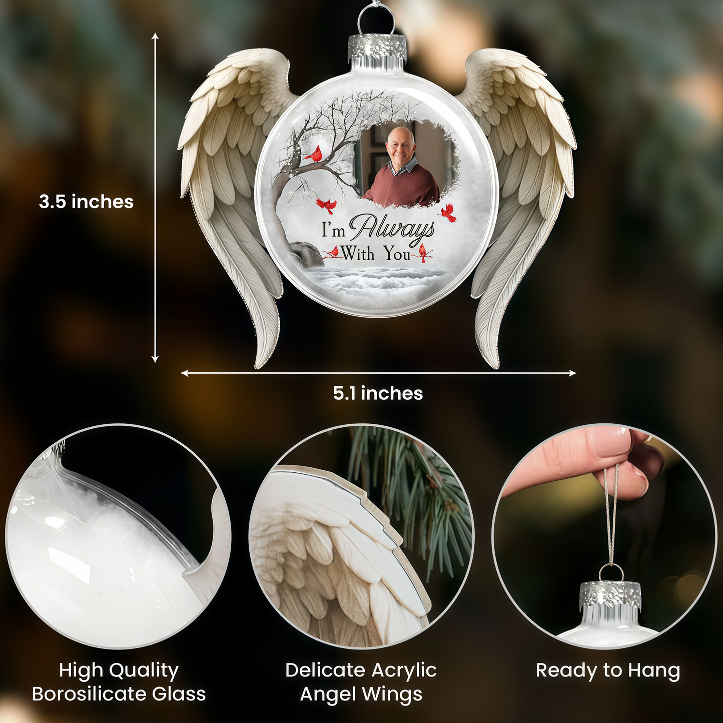 Custom Acrylic Flat Ball Ornament with Photo & Cardinals β I Am Always With You Memorial Christmas Gift for Remembering a Loved One