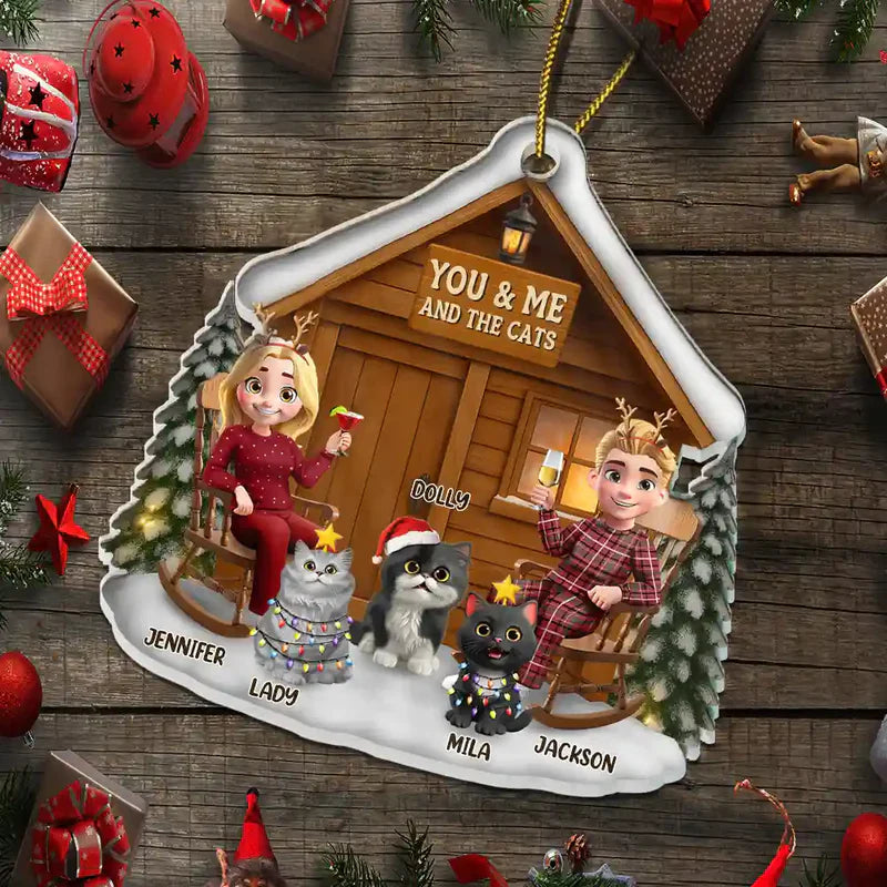 You & Me and the Cat Acrylic Ornament - Cozy Cabin Couple, Snowy Winter Scene - a unique gift for Couples & Cat Lovers