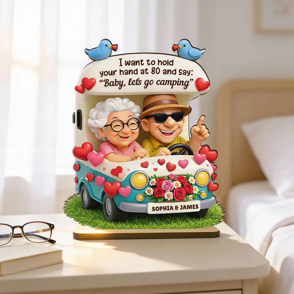 Personalized 2-Layer Wooden Plaque Cute Cartoon Couple in Camper Van 'Baby, let's go camping' Unique Gift for Him or Her