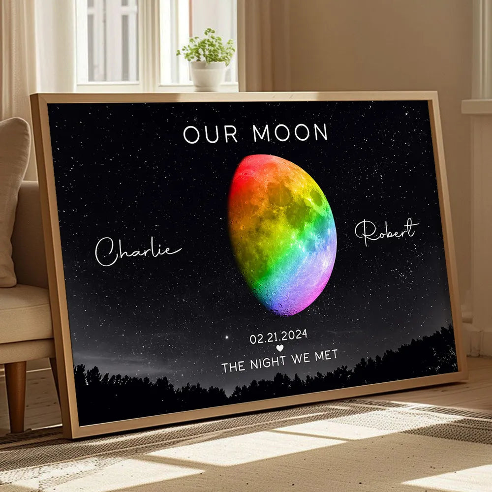 Personalized Moon Phase Poster for Couples, Rainbow Night Sky Wall Art, Unique Anniversary Gift & Pride Keepsake