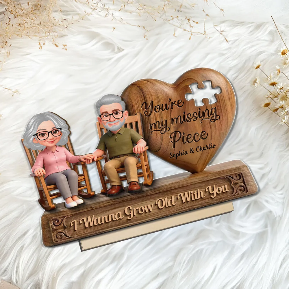 Personalized 2-Layer Wooden Plaque with Elderly Couple Holding Hands, You're My Missing Piece, Unique Gift for Couples