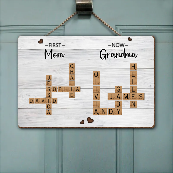 First Mom Now Grandma Crossword Puzzle Art Personalized 2-Layer Wooden Ornament, Christmas Gift For Grandma, Gift For Mom