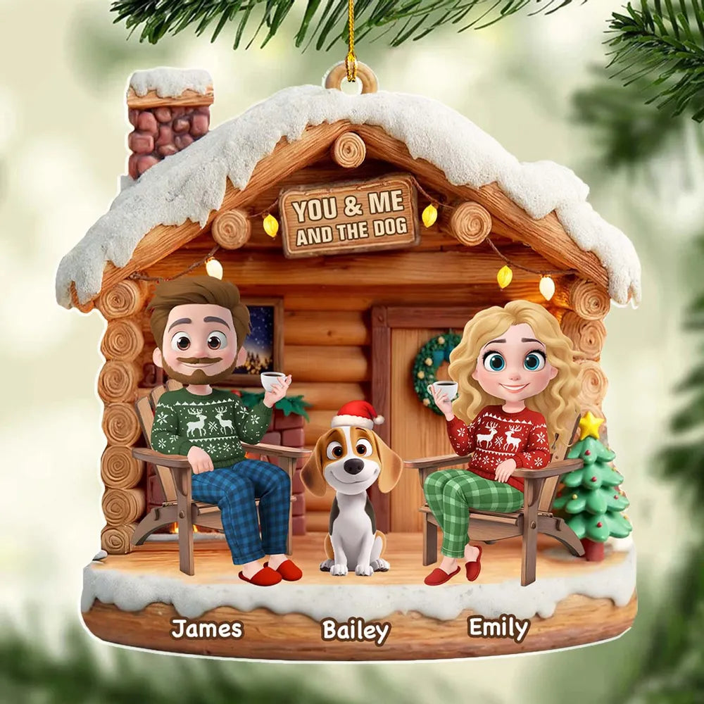 Custom You & Me and the Dog Acrylic Ornament for Couples, Cute Holiday Cabin Design, Heartwarming Christmas Tree Gift