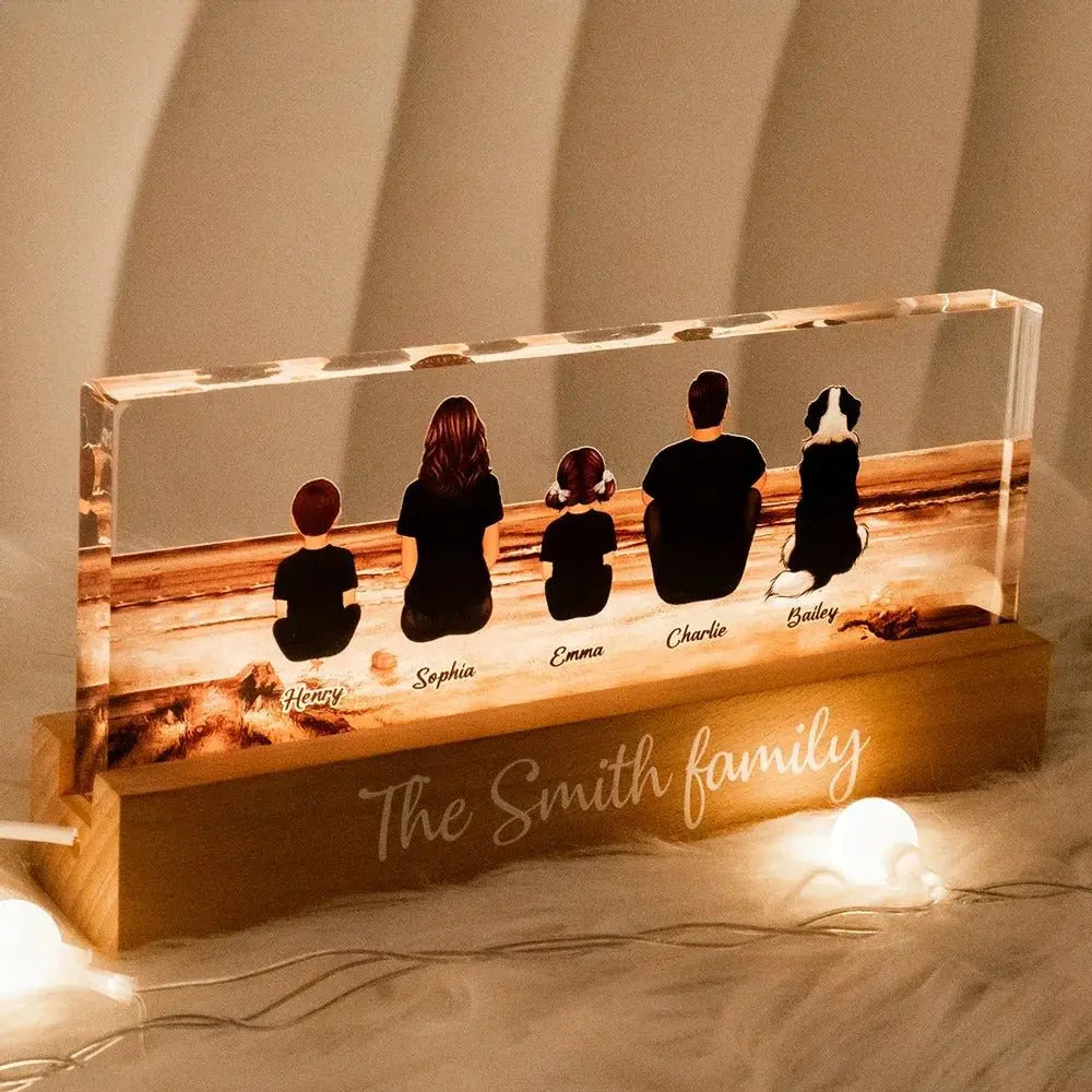 Personalized LED Light Plaque with Family Back View Beach Sunset Scene, Custom Home Accent, Unique Gift for Parents & Kids