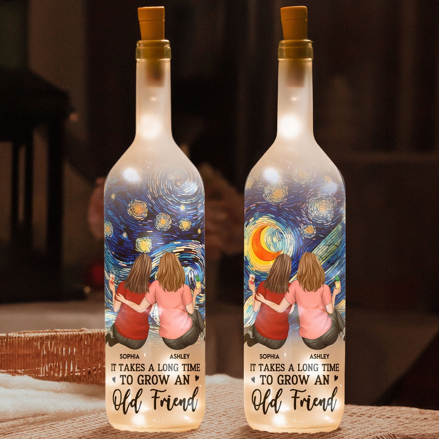 Bottle Lamp with Starry Sky Art, Hugging Friends Scene, Cozy Glow Decor, A Unique Gift for Best Friend