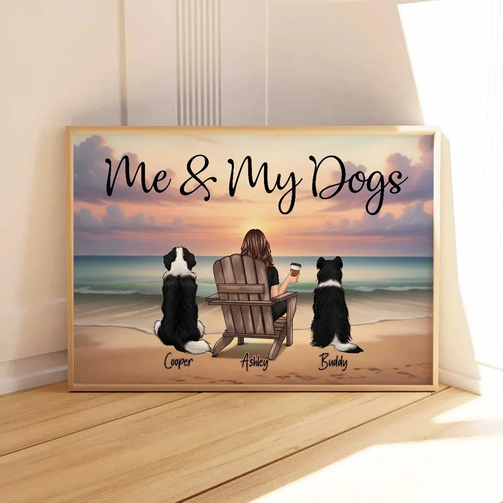 Personalized “Me & My Dogs” Beach Sunset Poster, Custom Pet Lover Wall Art, Unique Gift for Dog Owners