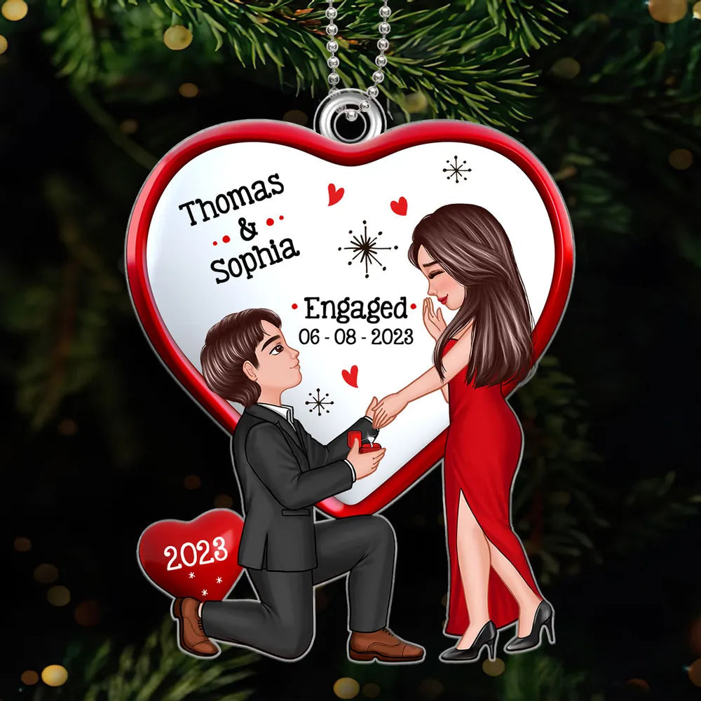Personalized Engagement Proposal Acrylic Ornament, Kneeling Couple Heart Design, Unique Keepsake Gift for Couples