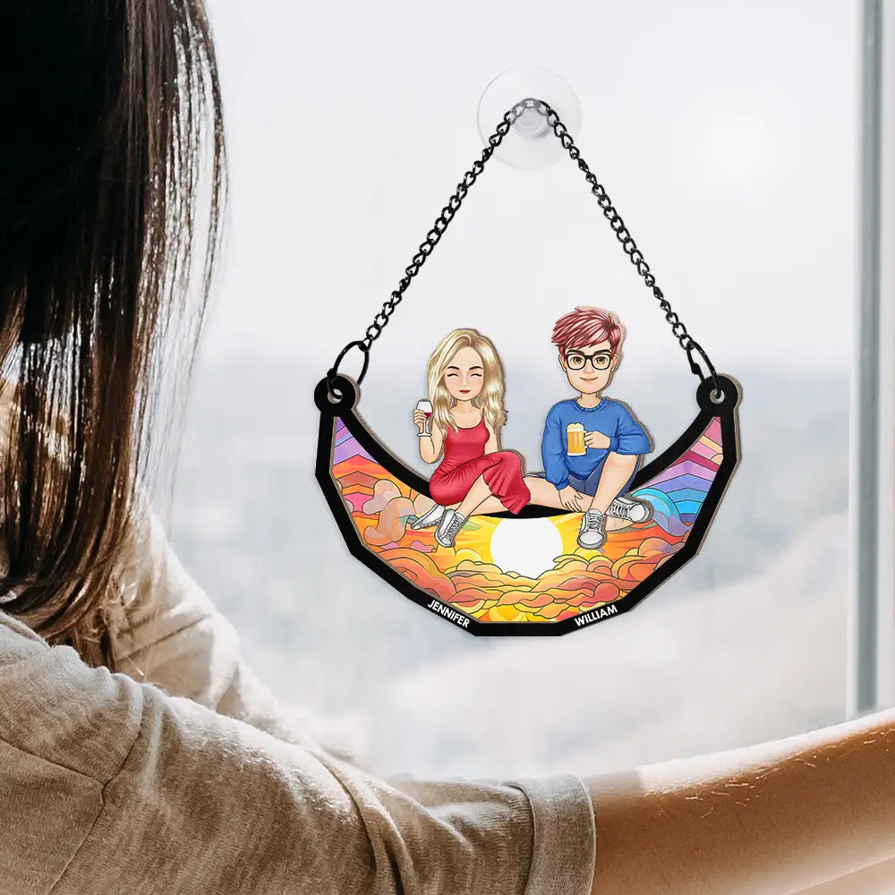 Personalized Best Friends Sitting on a Crescent Moon Wood and Acrylic Layered Ornament, Vibrant Window Display, Unique Gift
