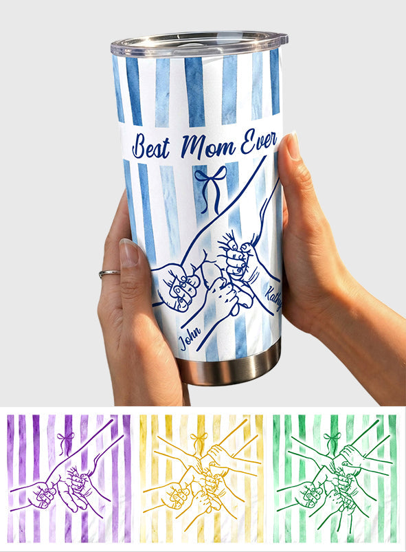 Best Mom Ever Hands Holding Retro Pastel Stripes - Personalized Mother Tumbler