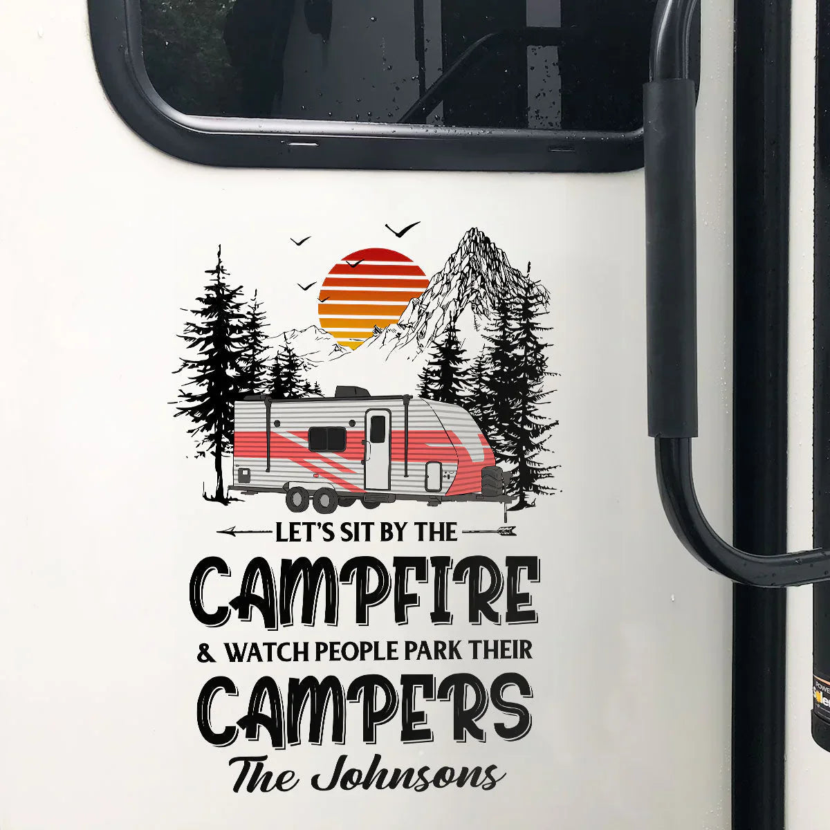 Personalized Sticker Decal RV Campfire Quote with Sunset Mountains, Unique Camping Gift for Camper Families