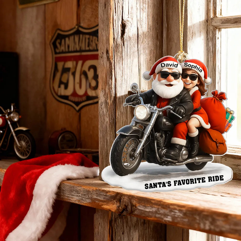 Acrylic Ornament Santa Biker Couple Ride, Christmas Tree Decor, Customizable Keepsake, Unique Gift for Couples