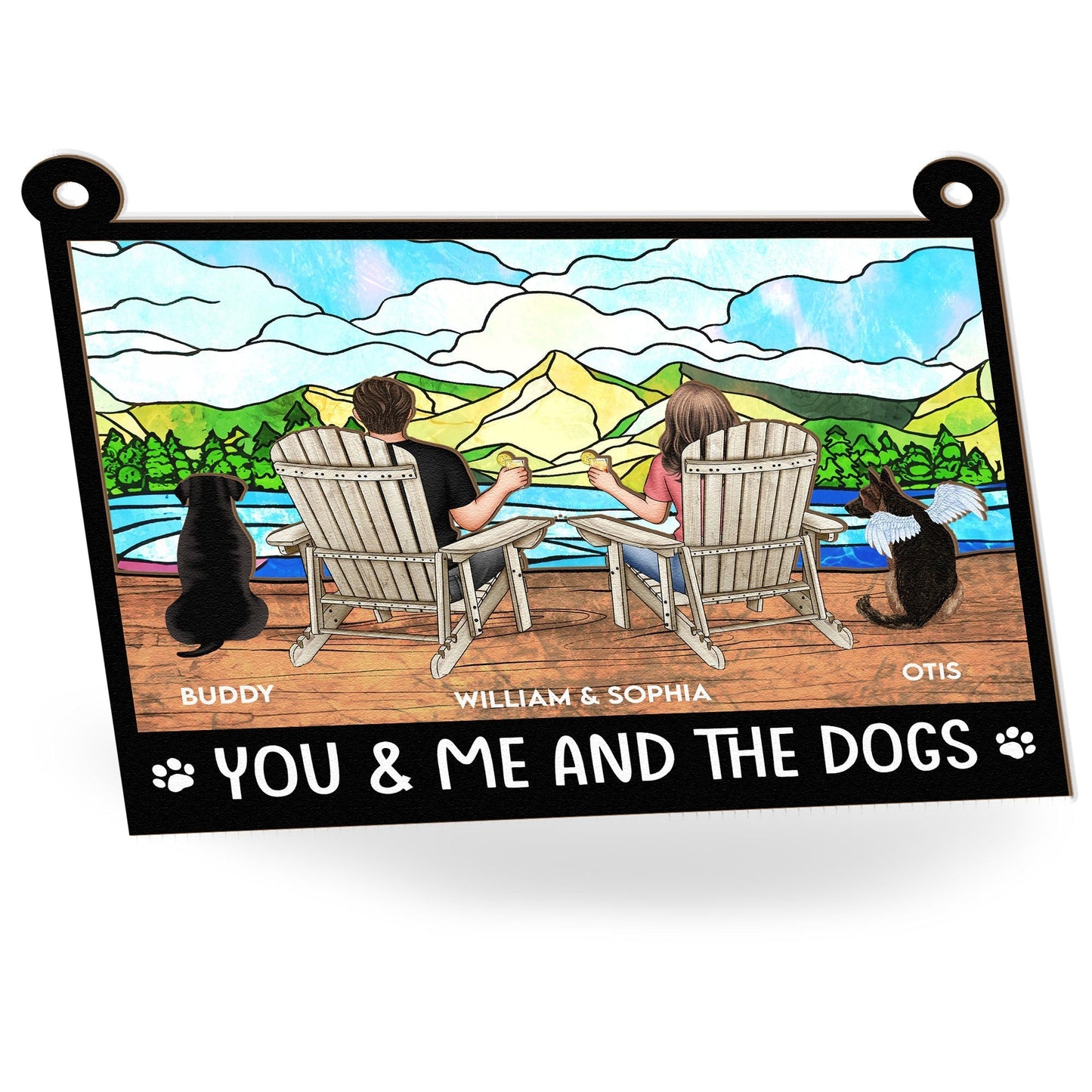 You & Me and the Dogs Mountain Sunset Wood and Acrylic Ornament – Personalized Gift for Couples and Dog Lovers