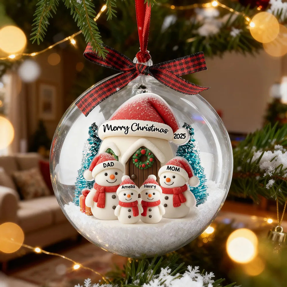 Snowman Family Ball Ornament - Snow Globe Look, Cozy Snow House - A unique Christmas gift for Parents & Family