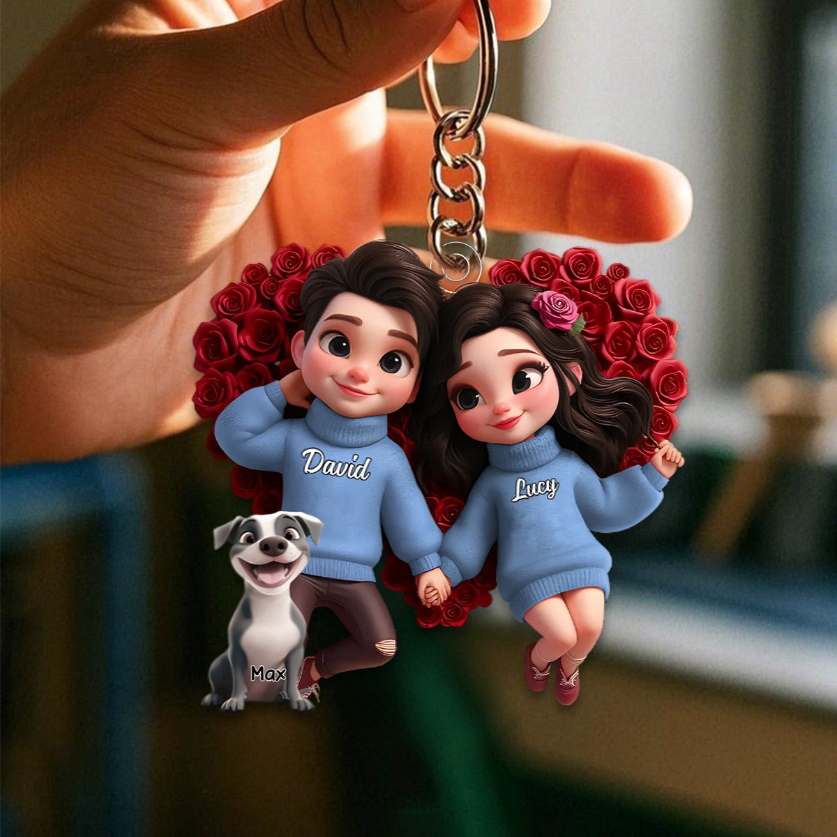 Personalized Acrylic Keychain – Cute Cartoon Couple with Their Dog, Holding Hands Surrounded by Roses, Custom Love Keepsake for Couples, Families or Dog Loves