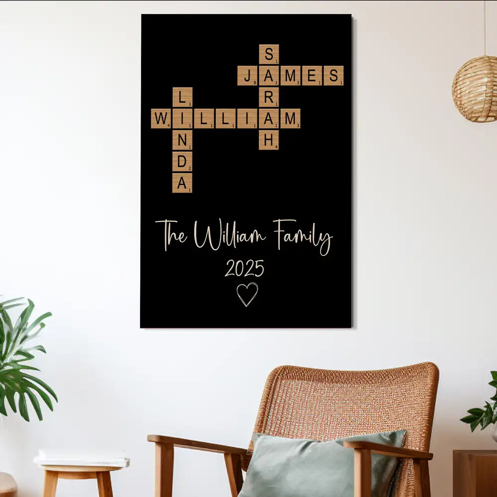 Personalized Family White Ceramic Mug with Wooden Tile Crossword Art - Unique Creative Gift for Home