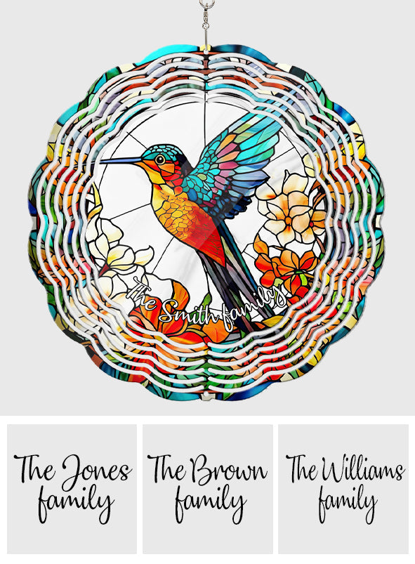 Beautiful Hummingbird Surrounded by Flowers - Personalized Hummingbird Wind Spinner