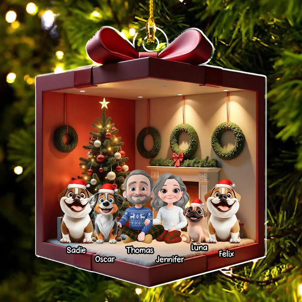Festive Acrylic Ornament Featuring Family & Dog Under Christmas Tree β Ideal Holiday Gift