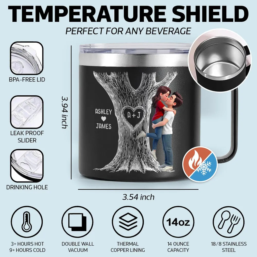 Personalized Stainless Steel Coffee Mug with Kissing Couple & Heart Initials Tree, Unique Romantic Gift for Him or Her