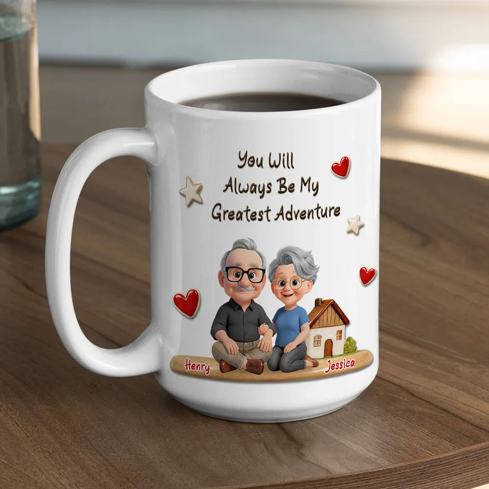 Personalized White Ceramic Mug With 'You Will Always Be My Greatest Adventure' Cute Couple Art Unique Gift for Husband or Wife