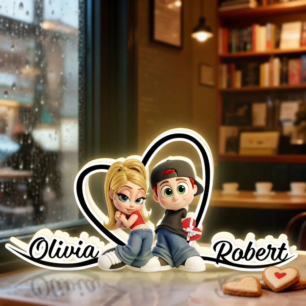 Personalized Couple Acrylic Light Box with Glowing Heart - Cute Cartoon Keepsake Nightstand Decor, Unique Gift for Couples