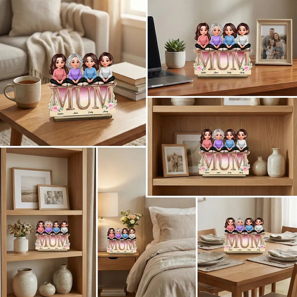 Personalized 2-Layer Wooden Plaque with Mum Letter Design, Custom Family Cartoon Display, Unique Gift for Mom
