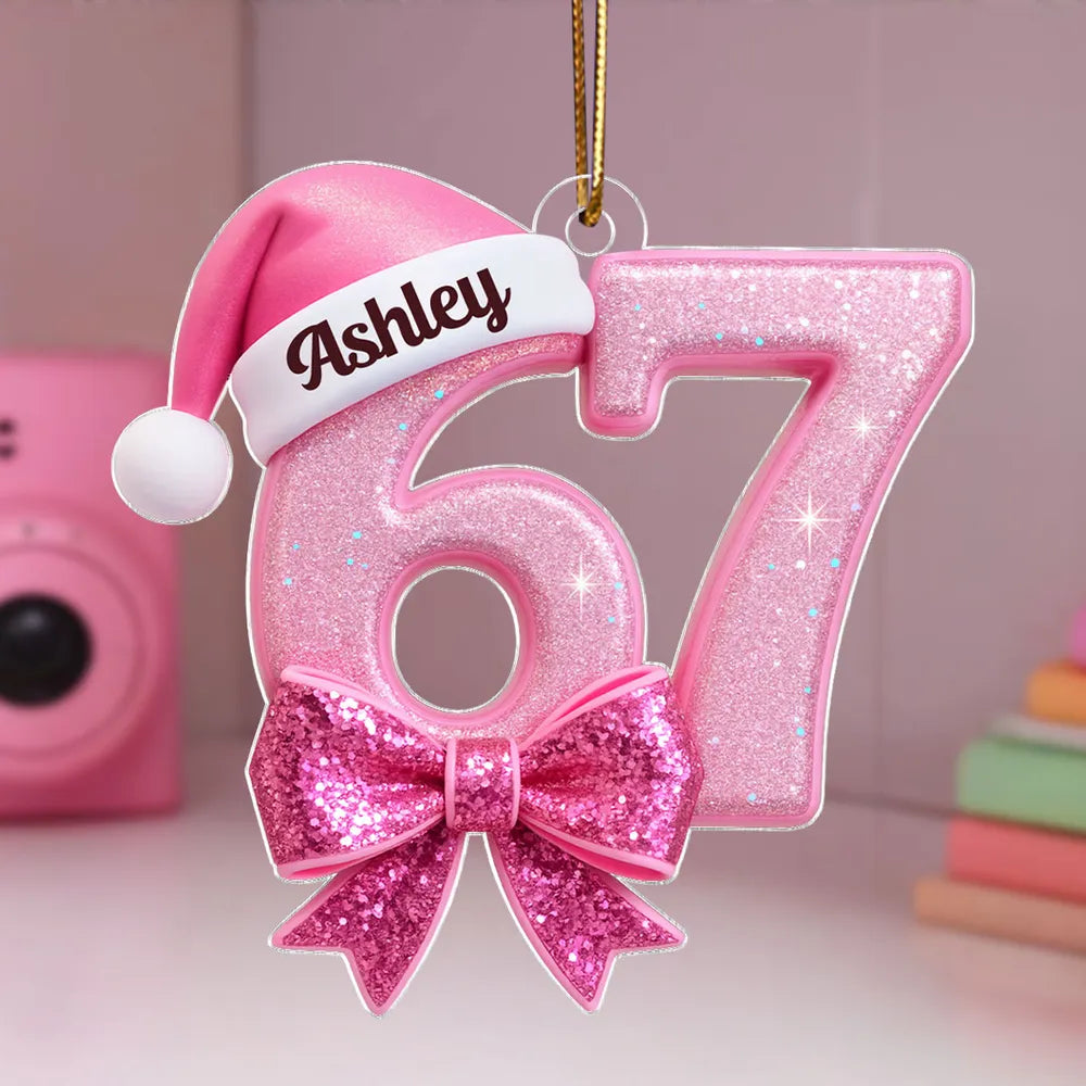 Custom Acrylic Ornament in Pink Glitter Number Style, Festive Santa Hat & Big Bow, Sweet Holiday Keepsake Gift for Grandkids