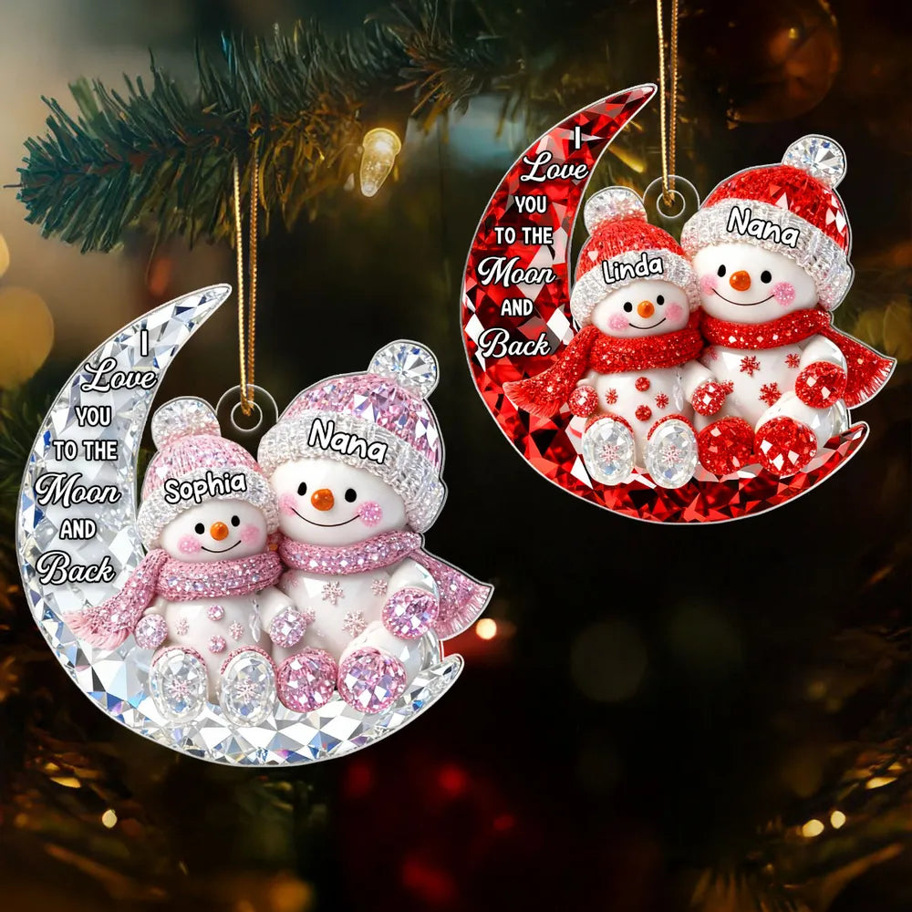 Personalized Acrylic Ornament for Grandma & Grandkid on Moon β Sparkling Snowman Design, I Love You to the Moon and Back, Unique Christmas Gift